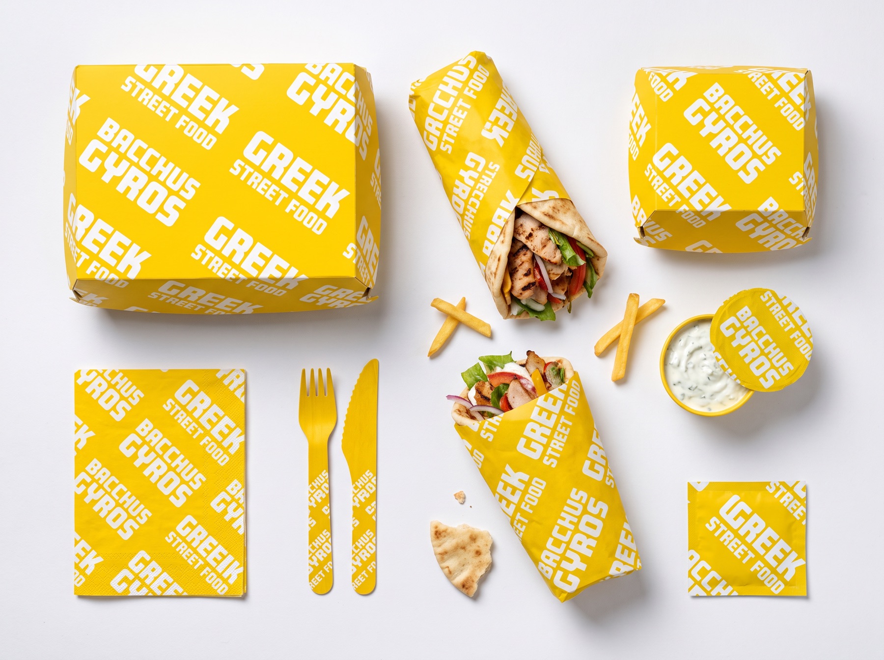 Gamme packaging Bacchus Gyros : boîte, wraps, couverts et serviettes