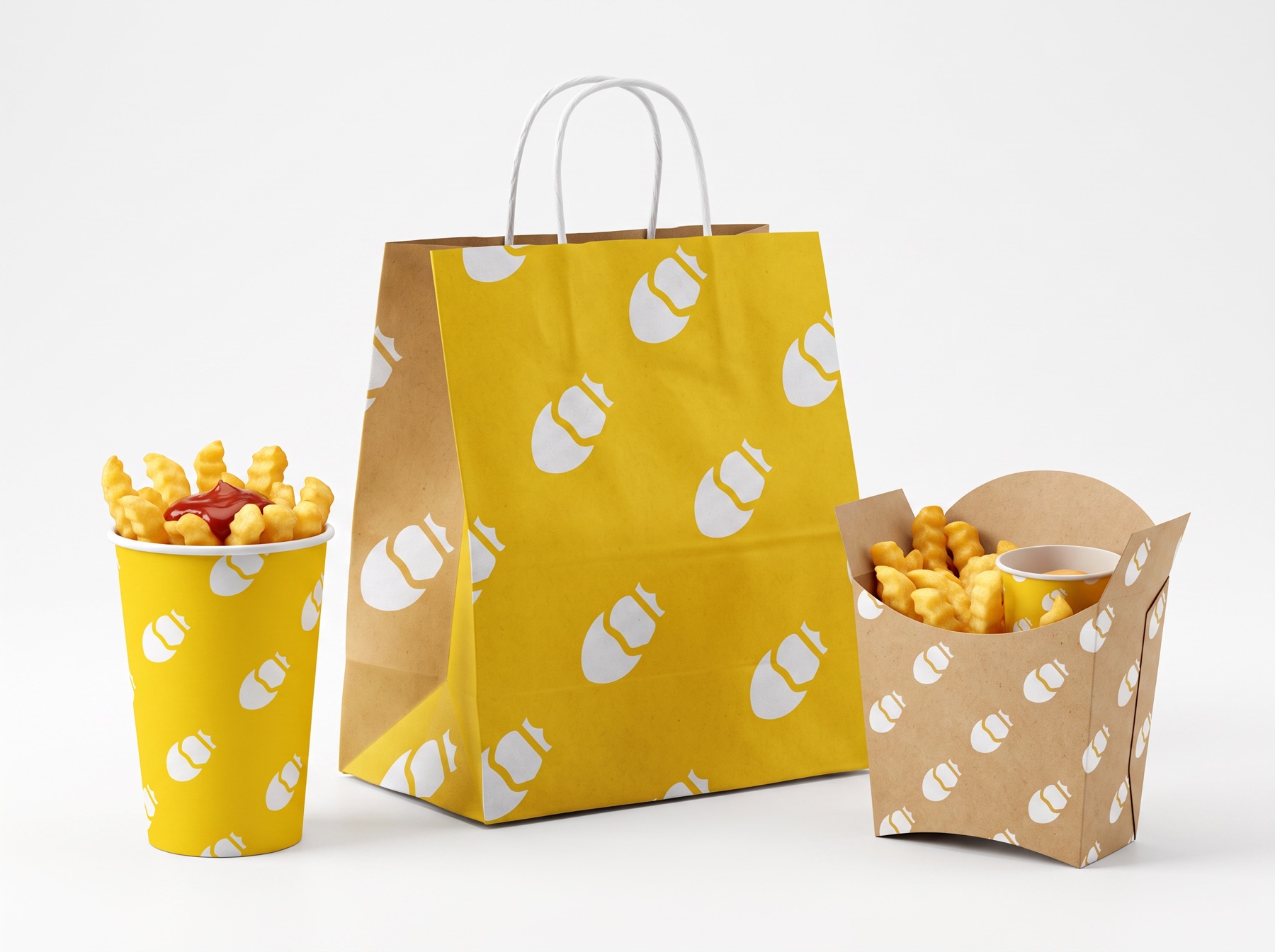 Sac et contenants à frites au motif Bacchus