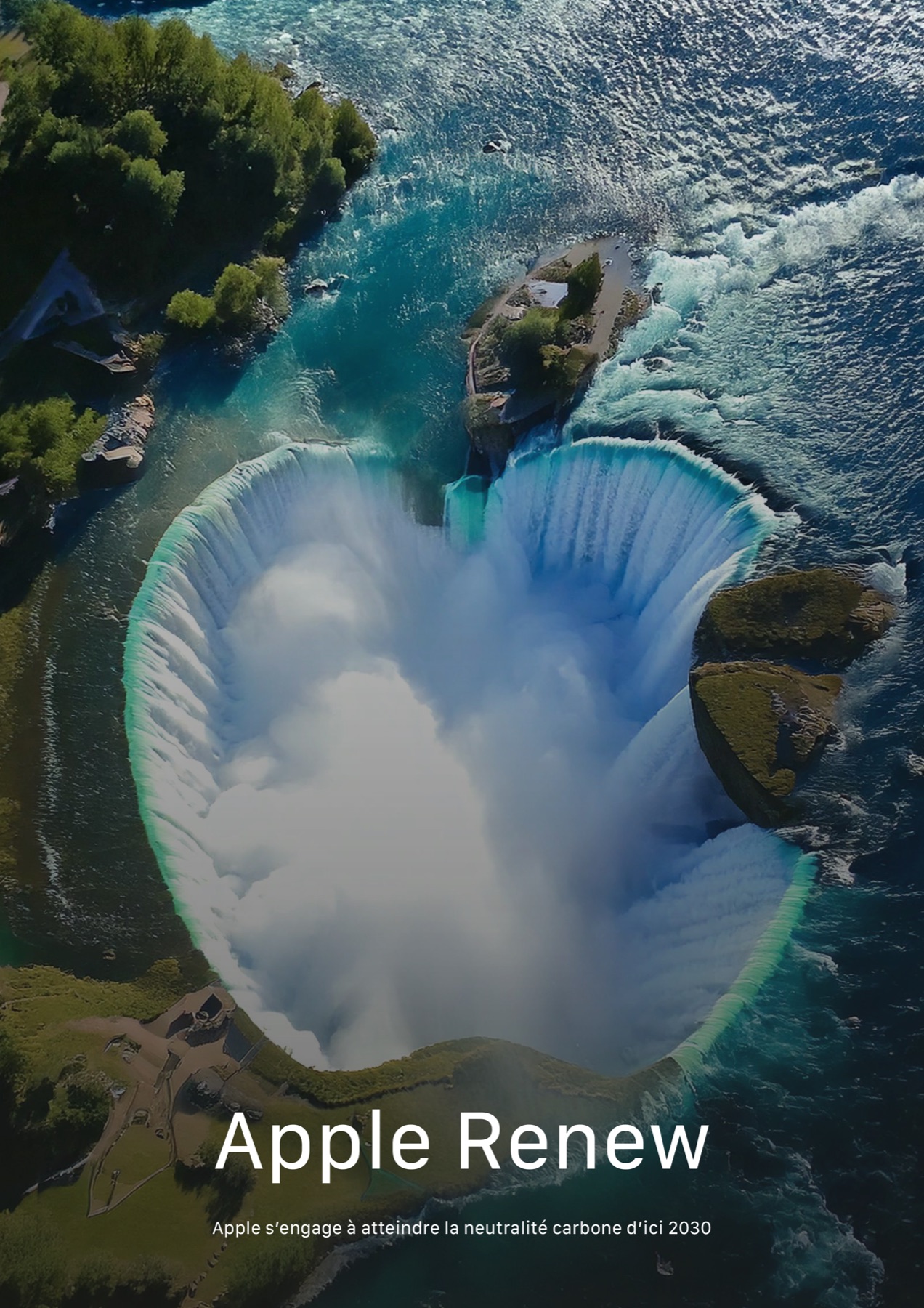 Apple Renew : une chute d'eau en forme de pomme vue du ciel