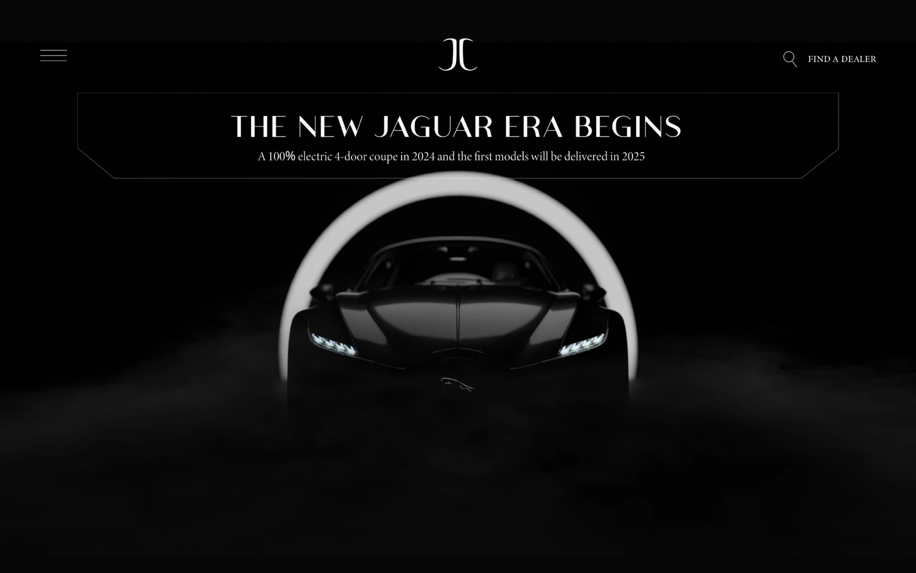 Page d'accueil Jaguar : coupé noir dans un halo de lumière — The New Jaguar Era Begins