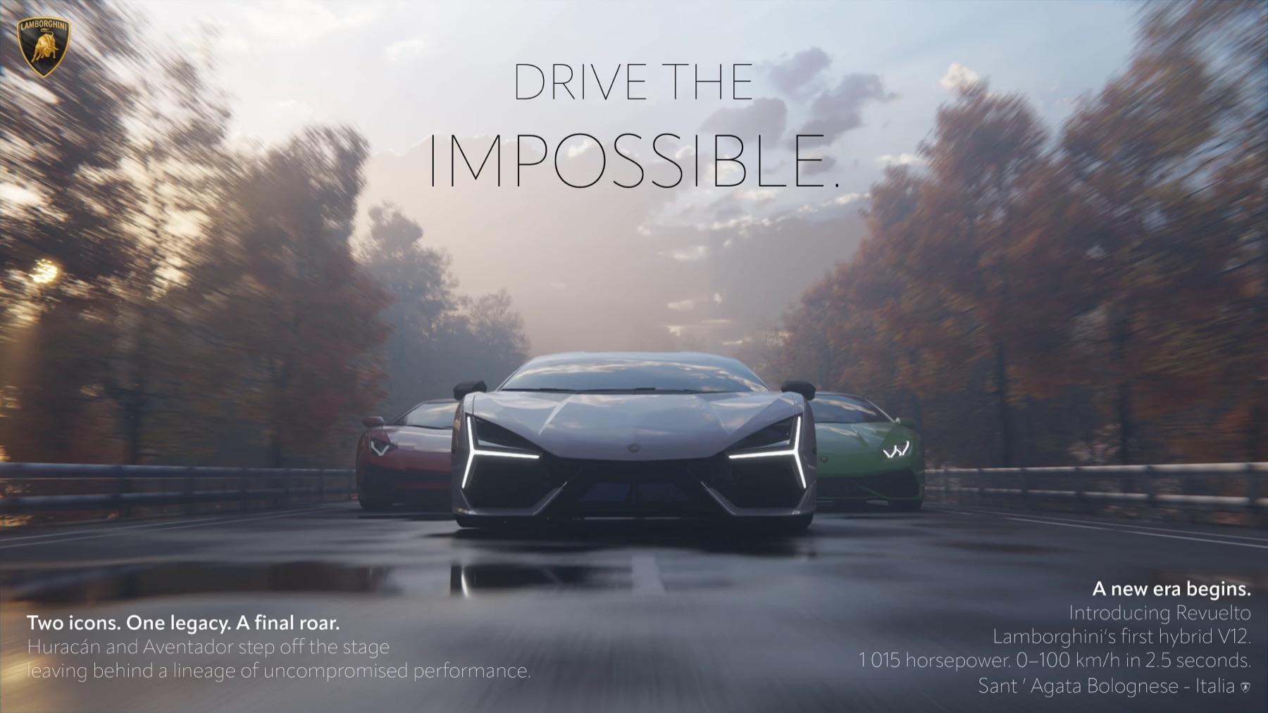 Lamborghini Revuelto sur une route d'automne — Drive the Impossible.