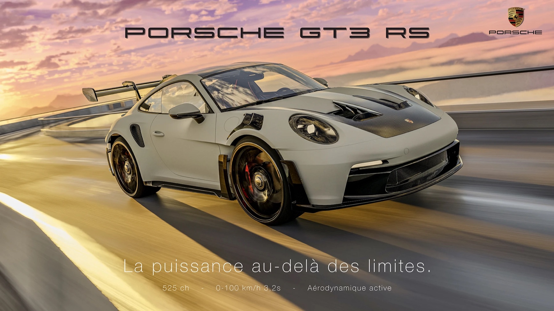 Porsche 911 GT3 RS lancée dans un virage au coucher du soleil