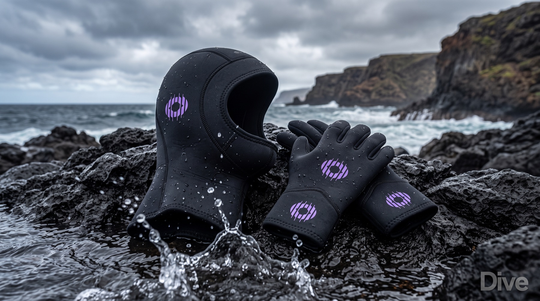 Cagoule et gants néoprène DIVE sur les rochers, face à l'océan