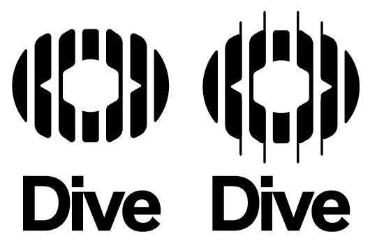 Les deux versions du logo DIVE : hublot plein, et hublot traversé de lignes verticales, au-dessus du nom Dive